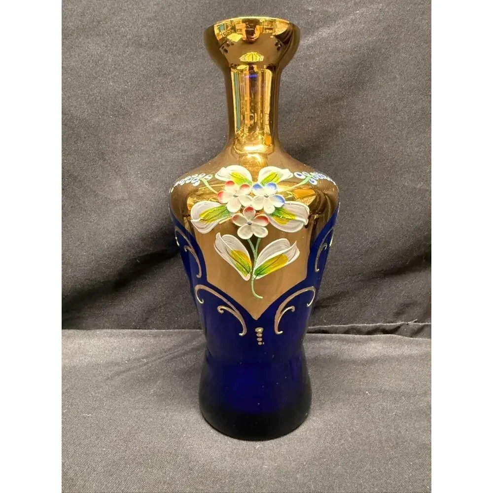 Cobalt Blue & Gold Bohemian Style Decanter (5) Shot Glasses Hand Painted Flowers
